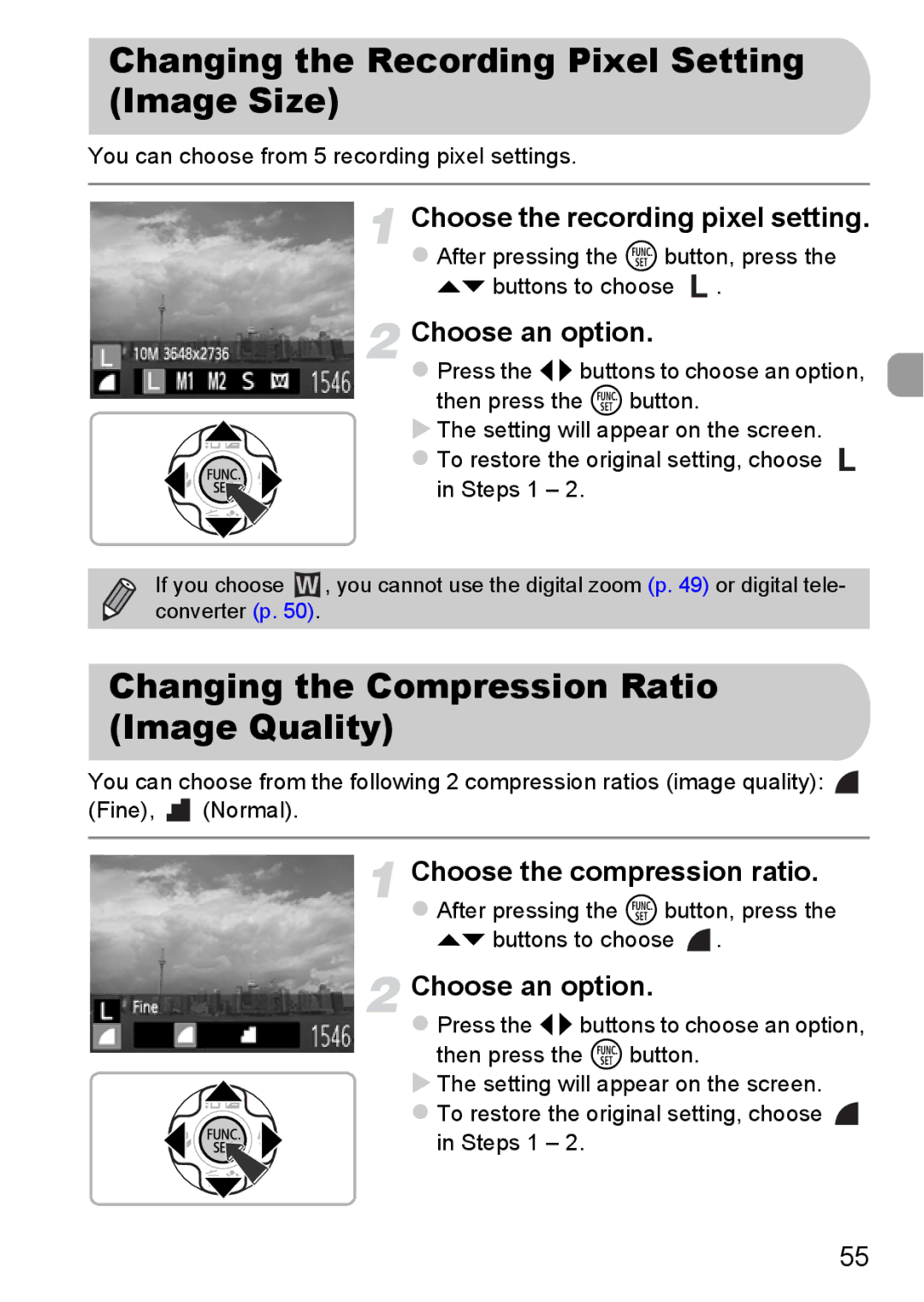 Canon A800 manual Changing the Recording Pixel Setting Image Size, Changing the Compression Ratio Image Quality 