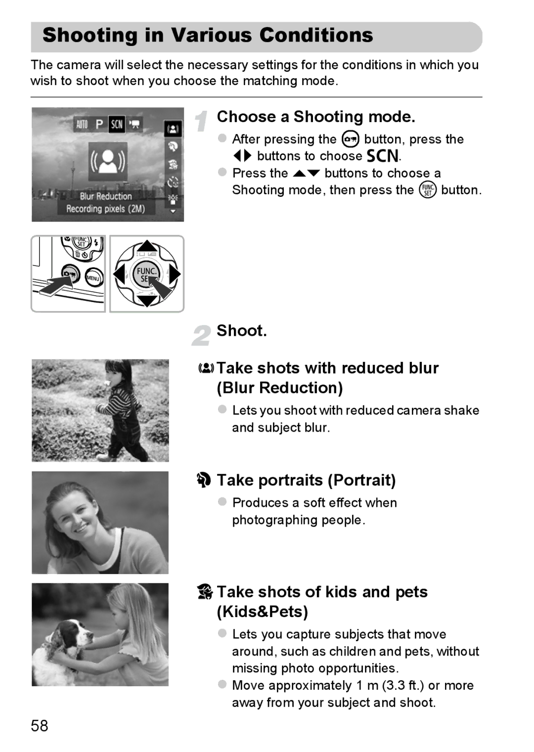 Canon A800 manual Shooting in Various Conditions, Choose a Shooting mode, Shoot Take shots with reduced blur Blur Reduction 