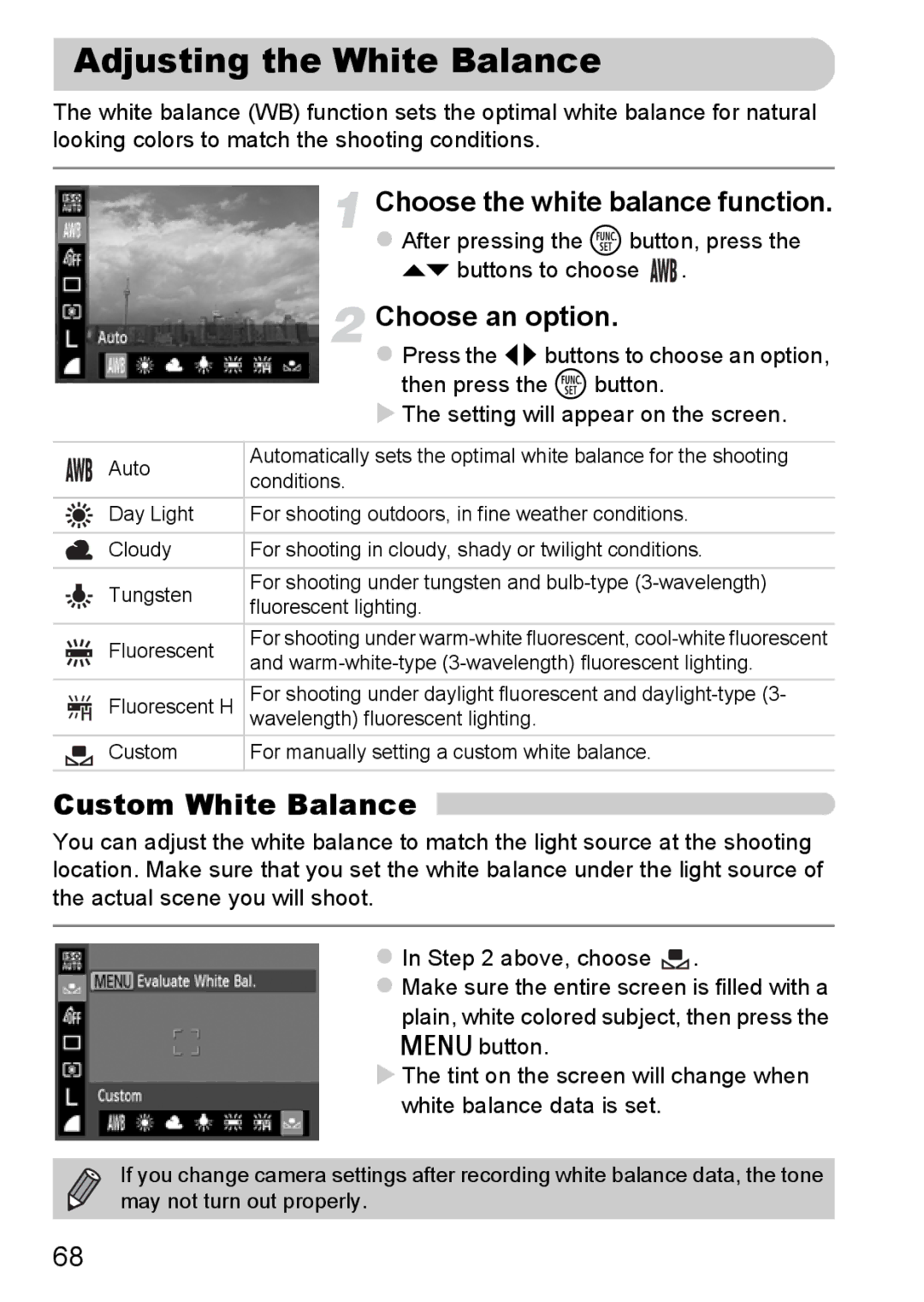 Canon A800 manual Adjusting the White Balance, Custom White Balance, Choose the white balance function 