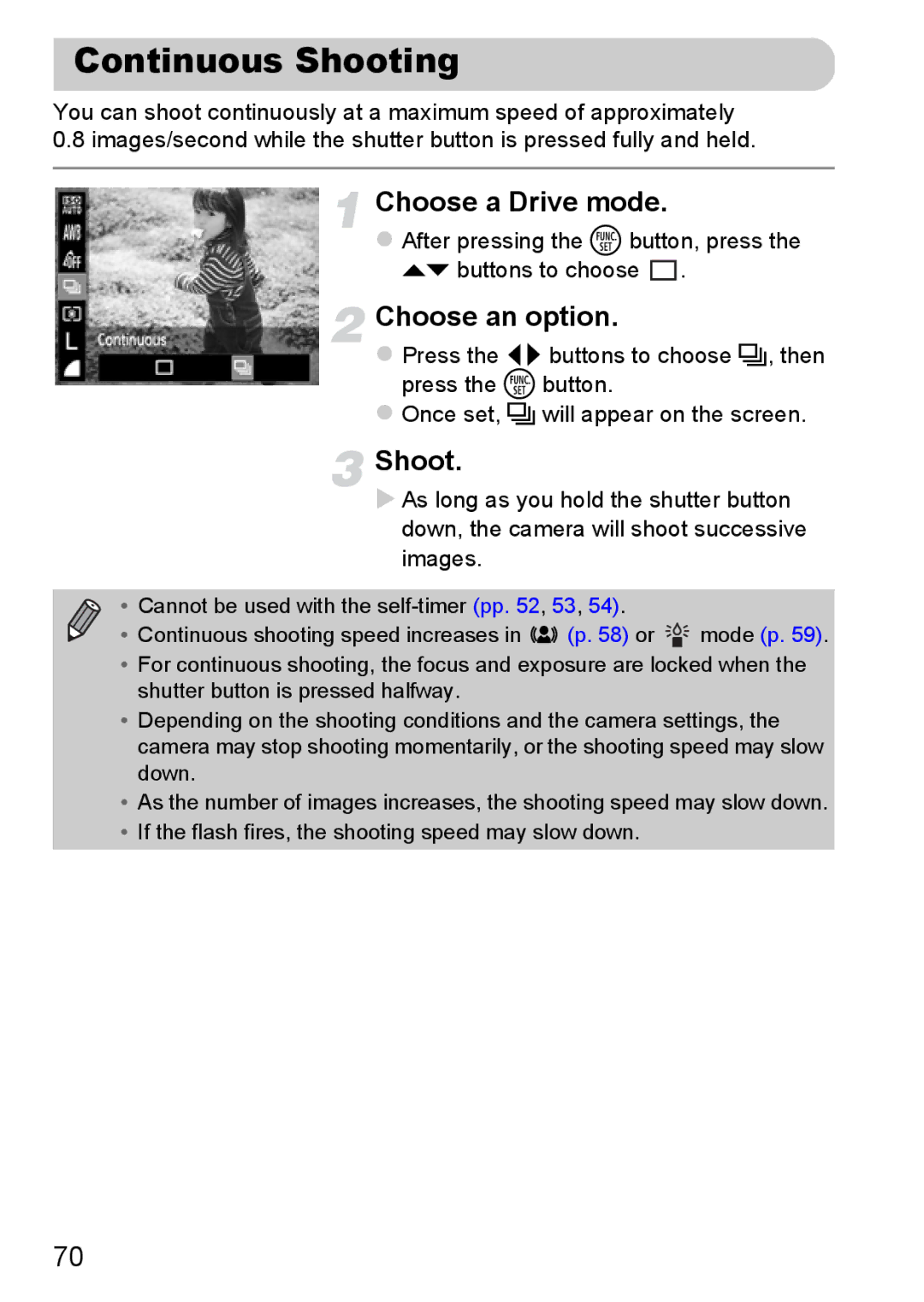 Canon A800 manual Continuous Shooting, Choose a Drive mode 