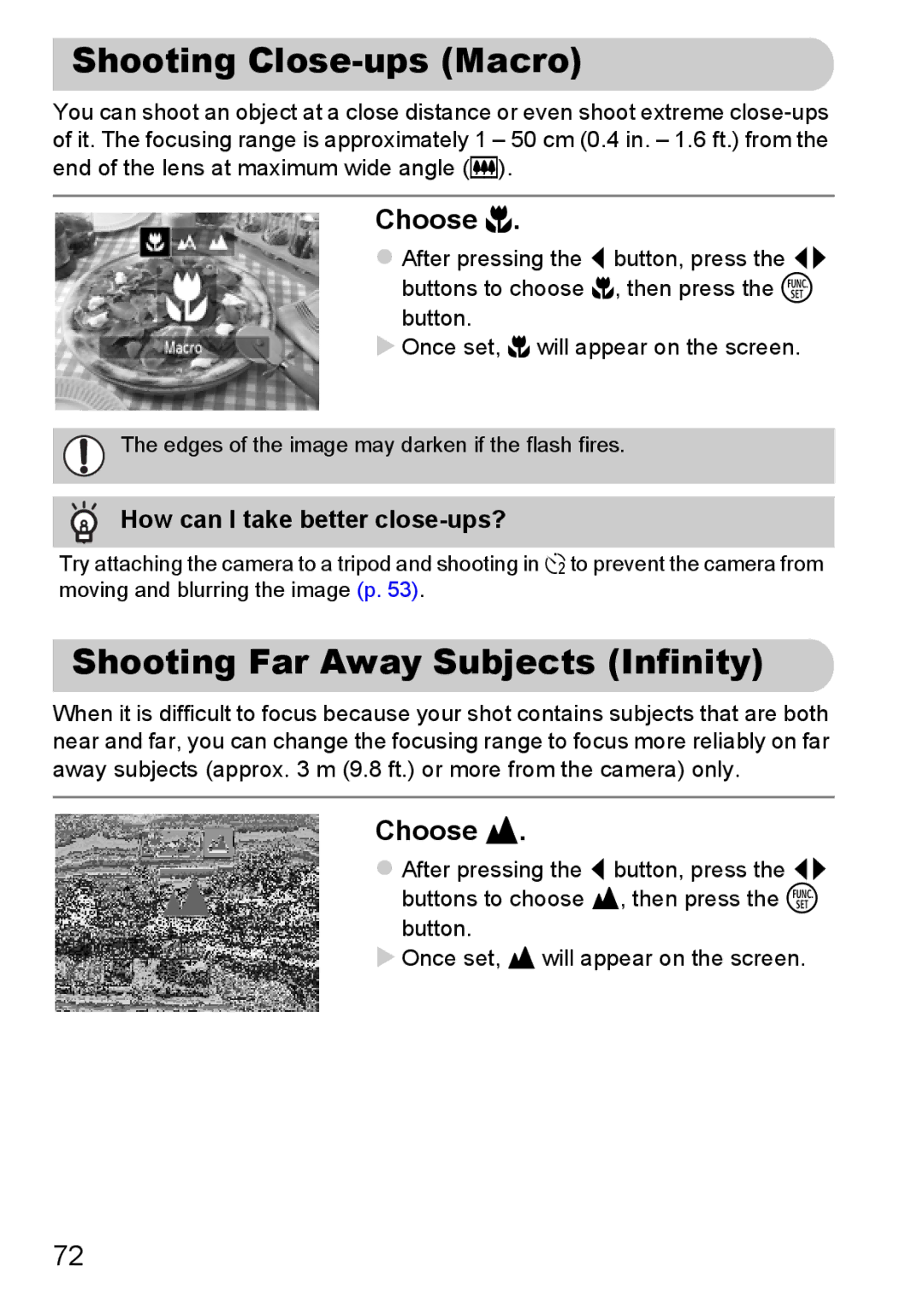 Canon A800 manual Shooting Close-ups Macro, Shooting Far Away Subjects Infinity, Choose e, Choose u 