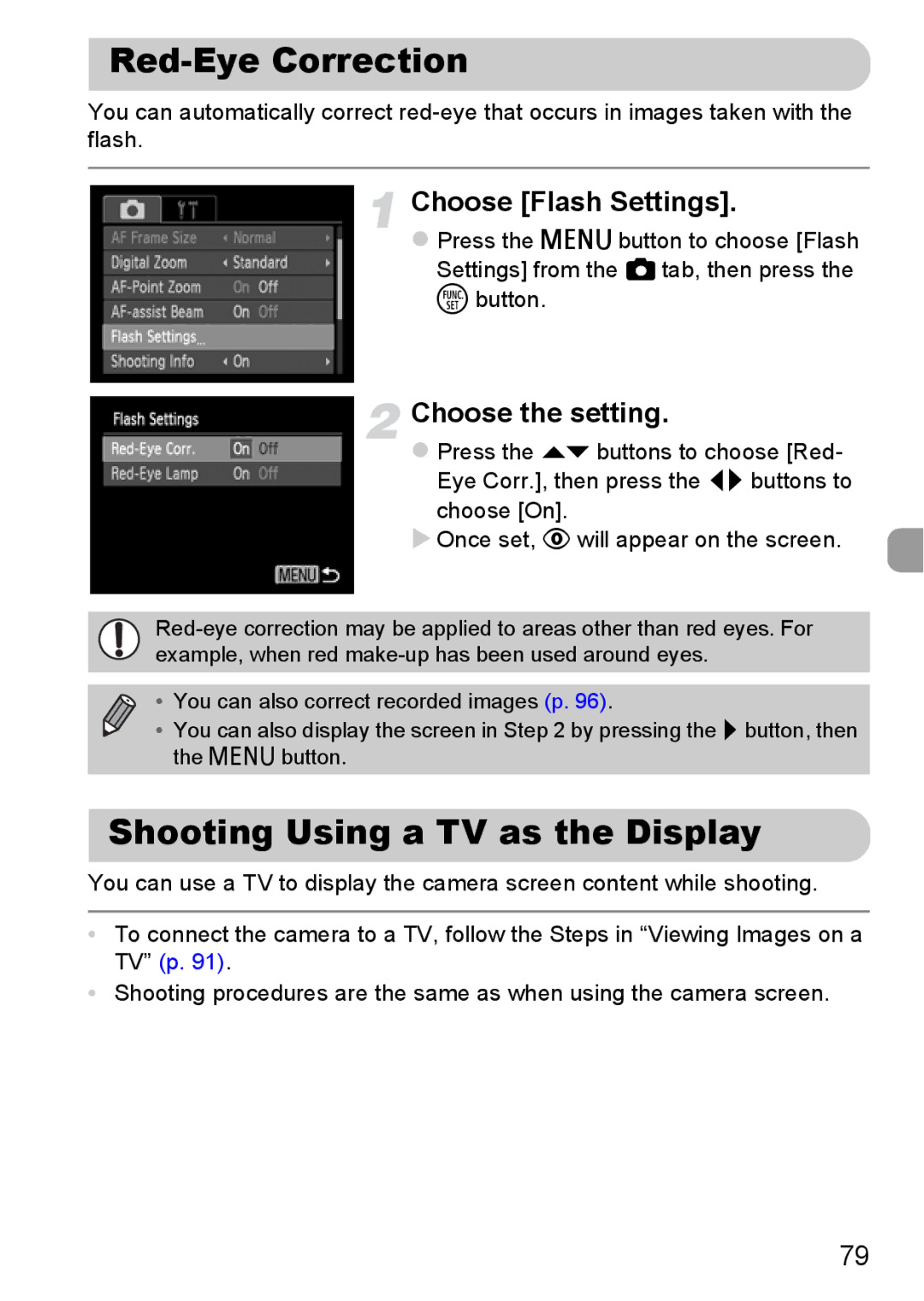 Canon A800 manual Red-Eye Correction, Shooting Using a TV as the Display, Choose Flash Settings 