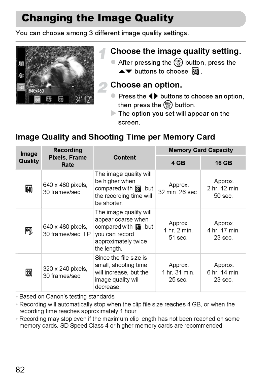 Canon A800 Changing the Image Quality, Choose the image quality setting, Image Quality and Shooting Time per Memory Card 