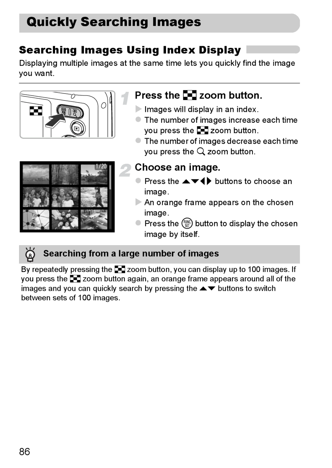 Canon A800 manual Quickly Searching Images, Searching Images Using Index Display, Press the g zoom button 