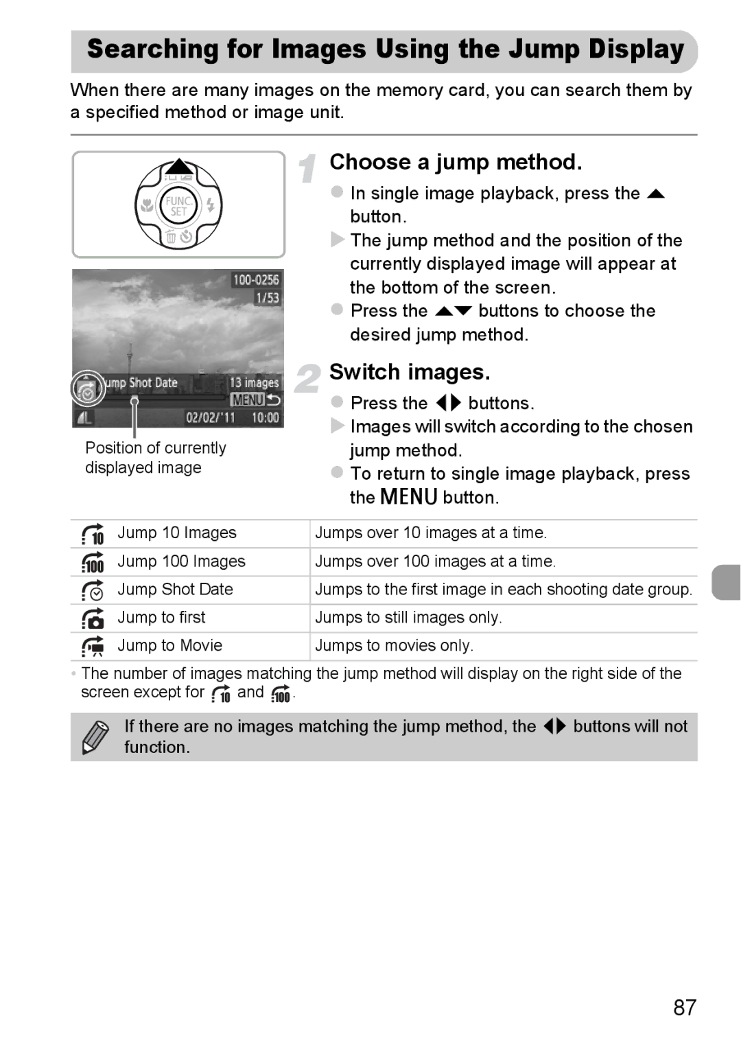 Canon A800 manual Choose a jump method, Switch images 