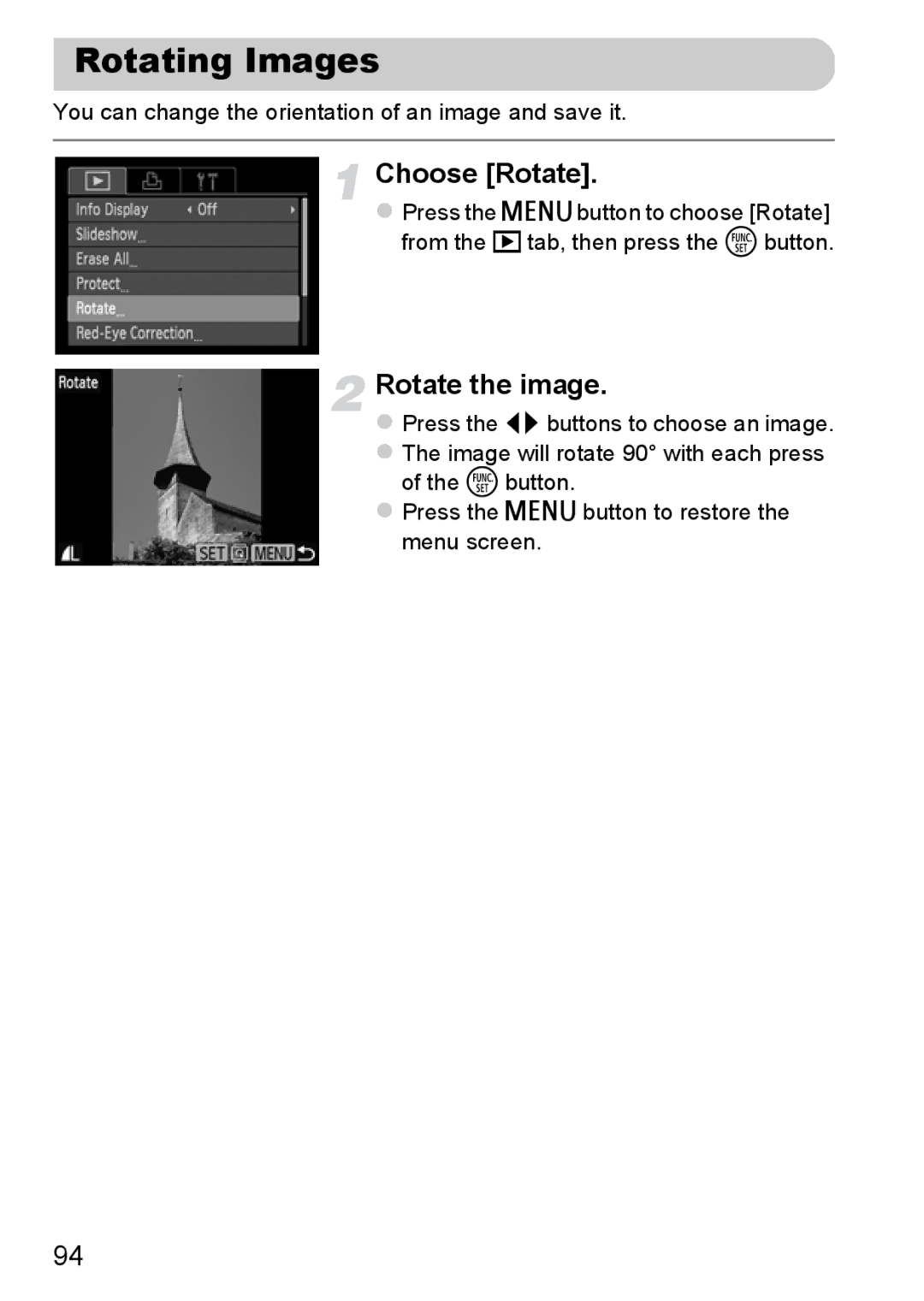 Canon A800 manual Rotating Images, Choose Rotate, Rotate the image 