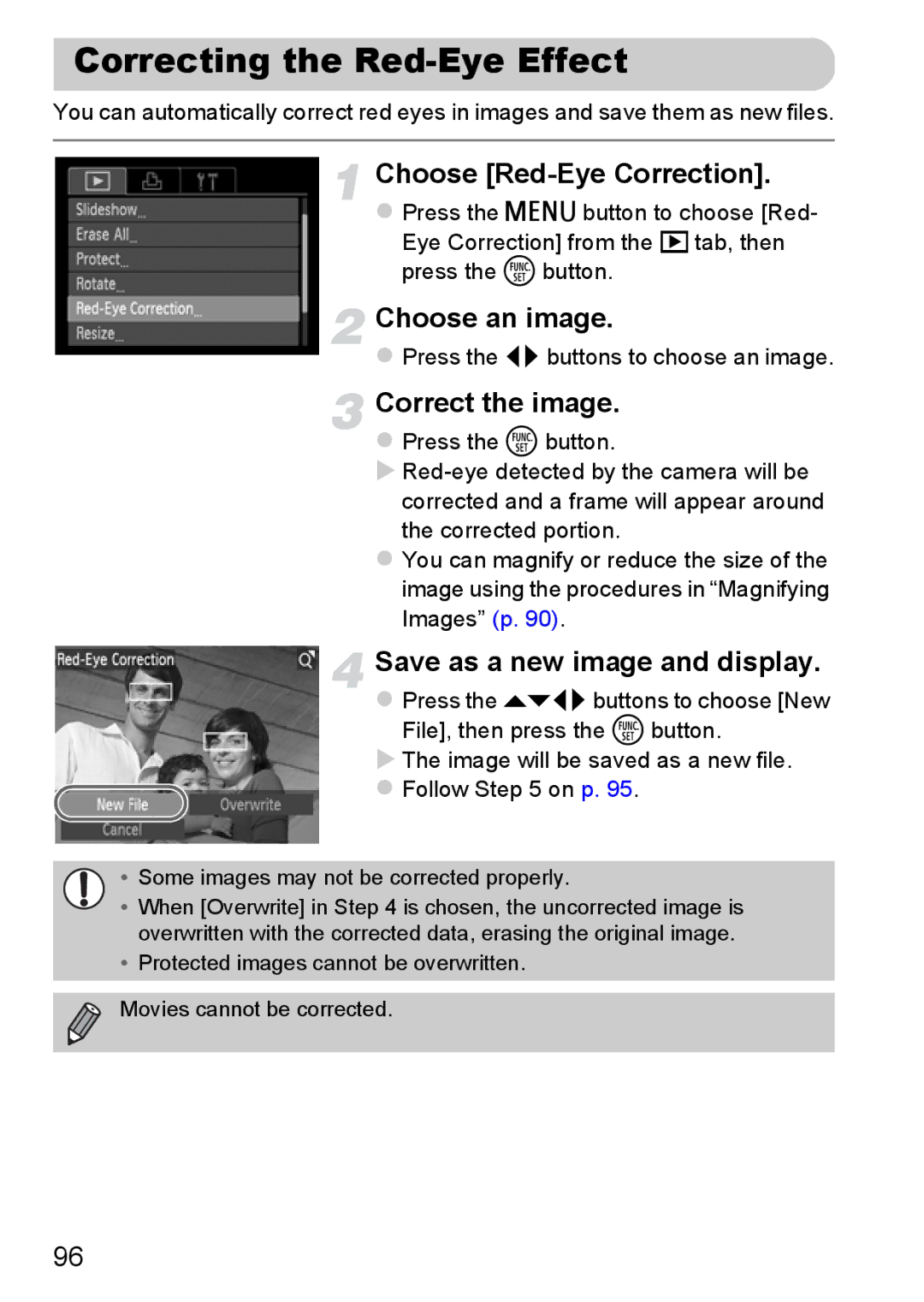 Canon A800 Correcting the Red-Eye Effect, Choose Red-Eye Correction, Correct the image, Save as a new image and display 