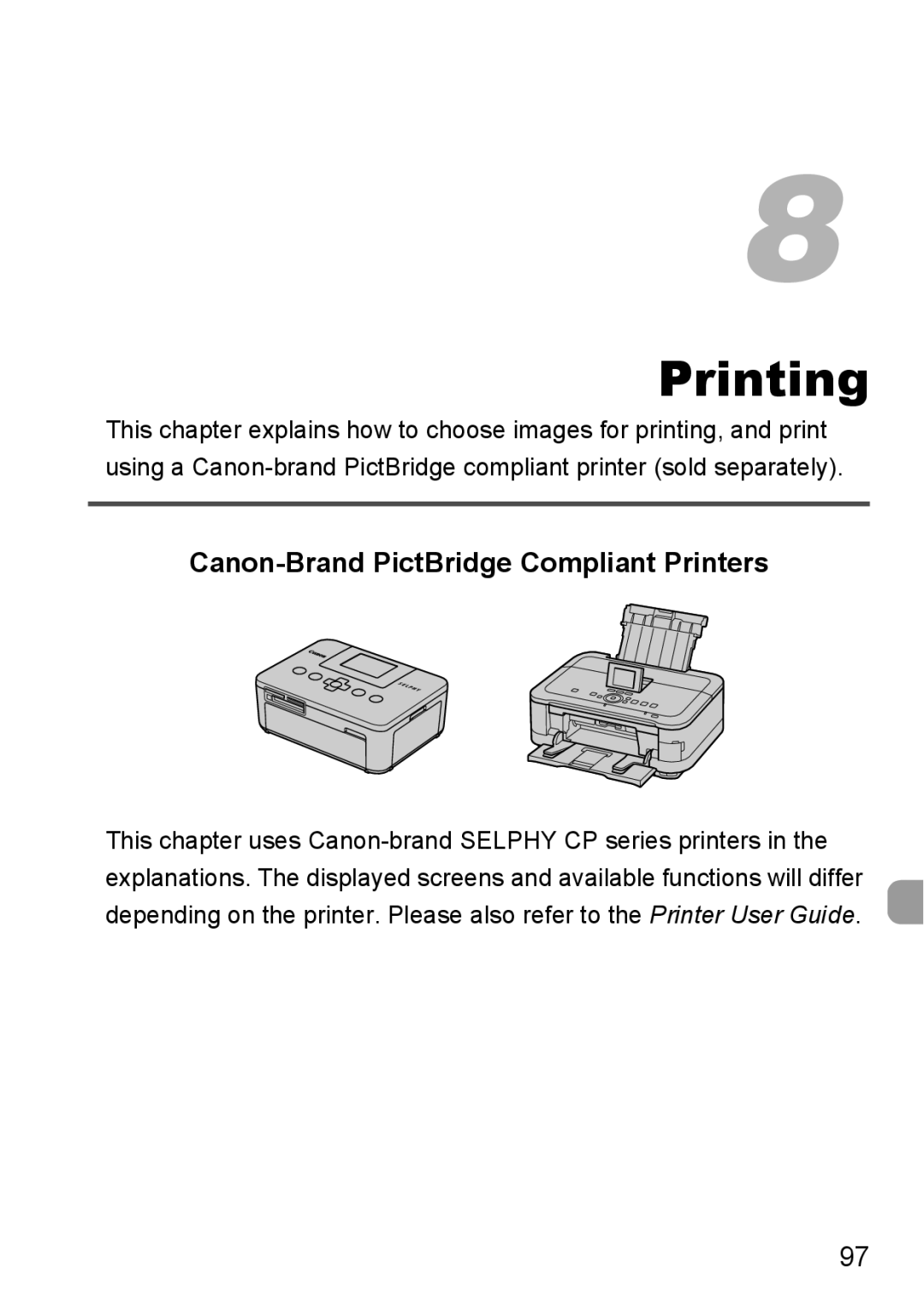 Canon A800 manual Printing, Canon-Brand PictBridge Compliant Printers 