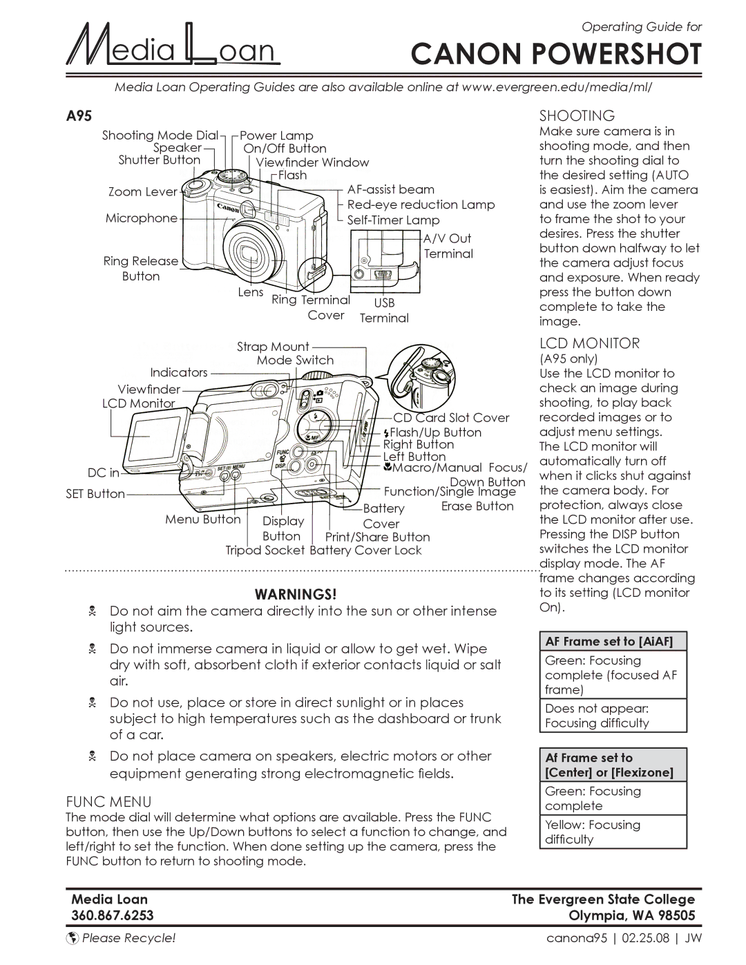 Canon A530, A95 manual Func Menu, Shooting, LCD Monitor 