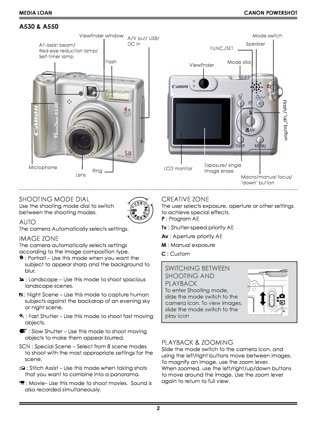 Canon A95 manual A530 & A550, Shooting Mode Dial, Auto, Image zone, Creative Zone, Switching between Shooting and Playback 