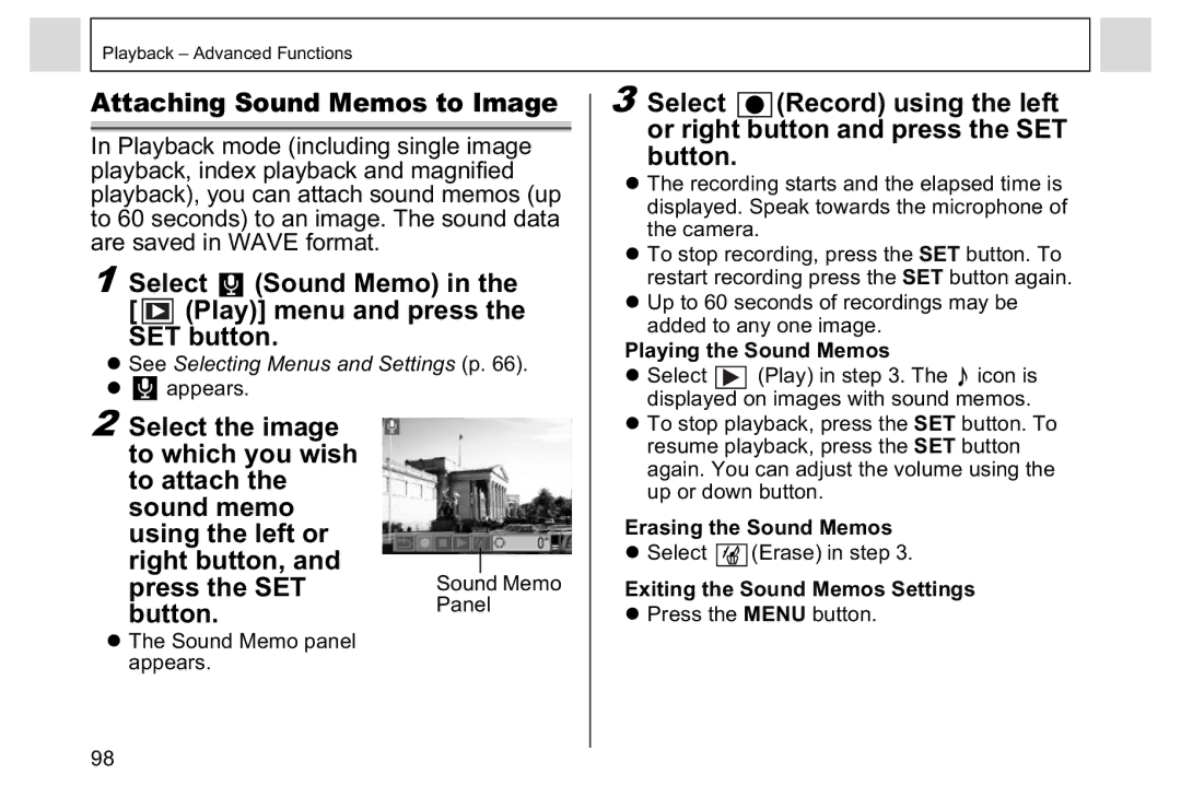 Canon A95 Attaching Sound Memos to Image, Select Sound Memo in the Play menu and press SET button, Playing the Sound Memos 