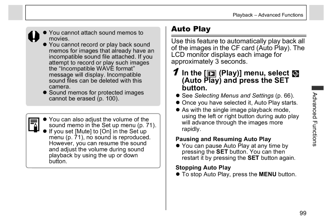 Canon A95 Play menu, select Auto Play and press the SET Button, Pausing and Resuming Auto Play, Stopping Auto Play 