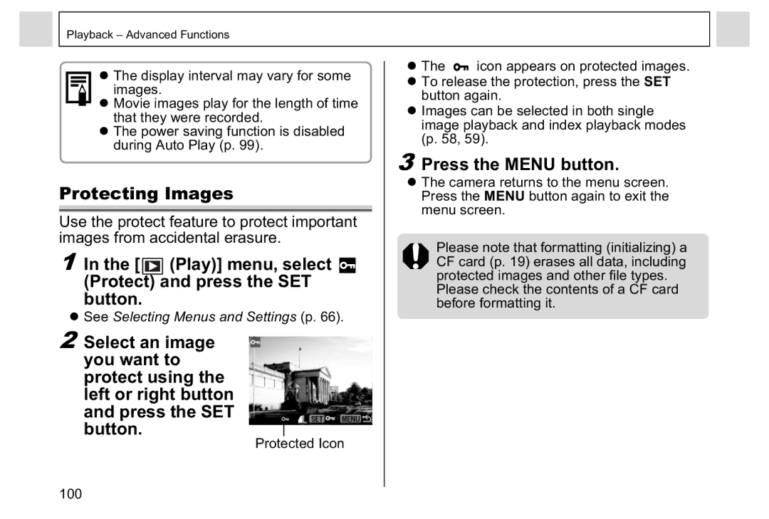 Canon A95 manual Protecting Images, Play menu, select Protect and press the SET Button, Protected Icon 