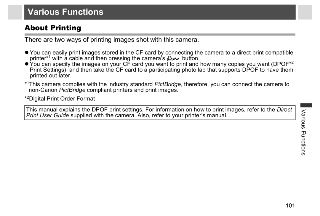 Canon A95 manual Various Functions, About Printing 