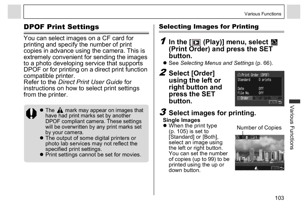 Canon A95 manual Dpof Print Settings, Play menu, select Print Order and press the SET Button, Selecting Images for Printing 