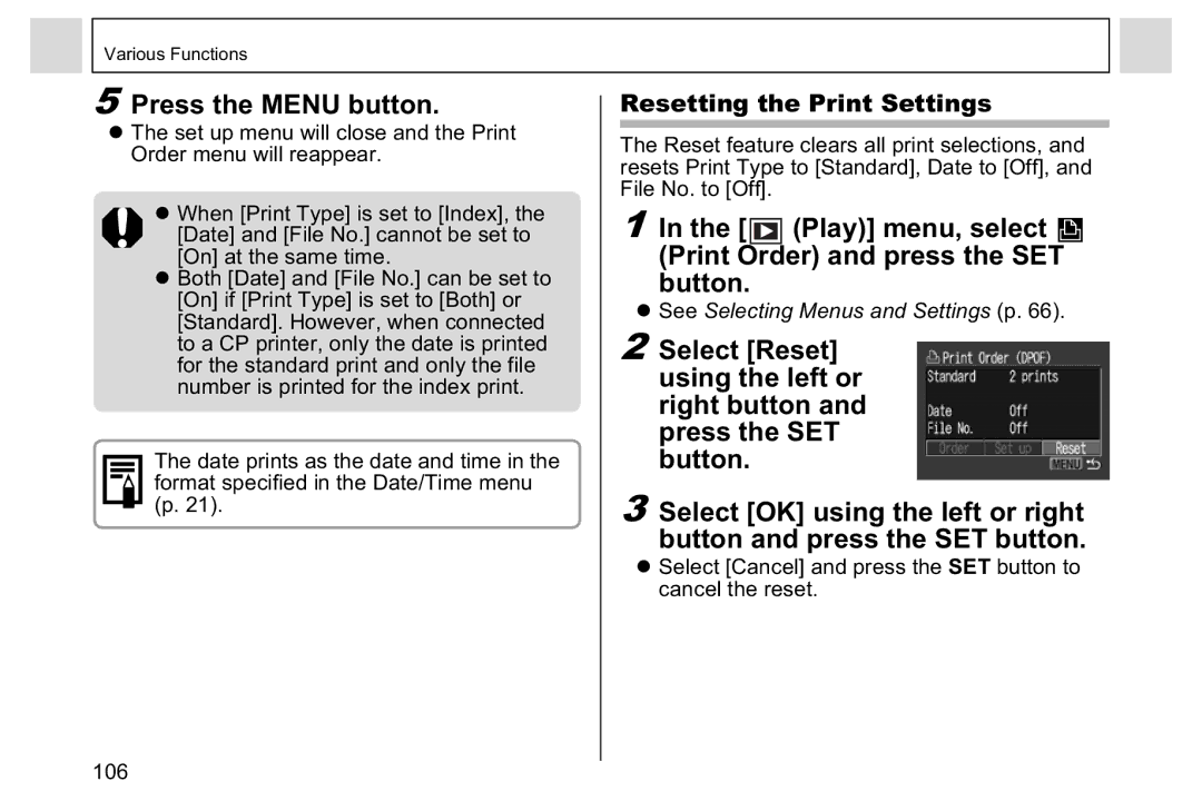 Canon A95 manual Resetting the Print Settings, Format specified in the Date/Time menu 