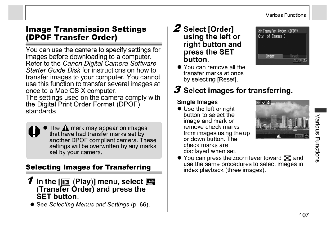 Canon A95 manual Image Transmission Settings Dpof Transfer Order, Play menu, select Transfer Order and press SET button 