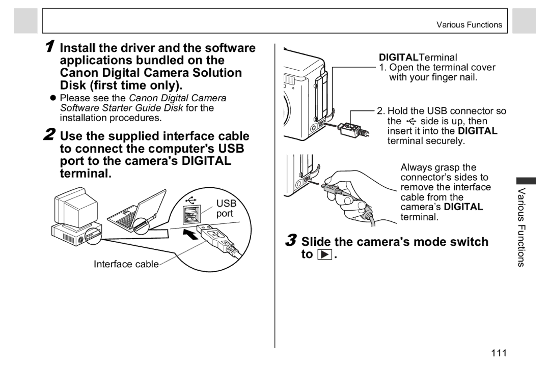 Canon A95 manual Disk first time only, Slide the cameras mode switch to, USB port Interface cable DIGITALTerminal 