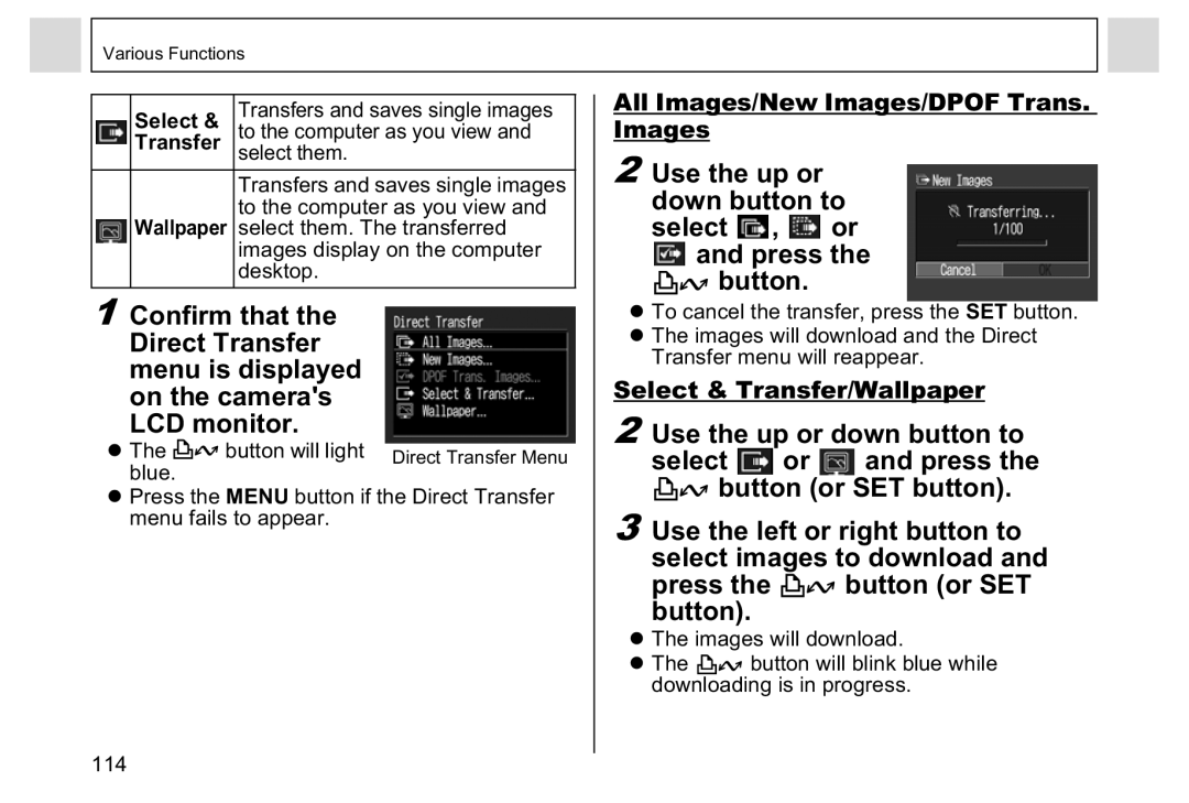 Canon A95 manual Use the up or down button to Select , or Press Button, All Images/New Images/DPOF Trans. Images, Transfer 