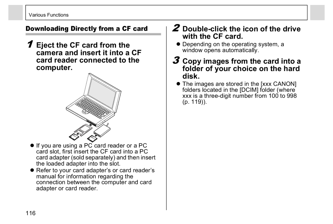 Canon A95 manual Double-click the icon of the drive With the CF card, Downloading Directly from a CF card 