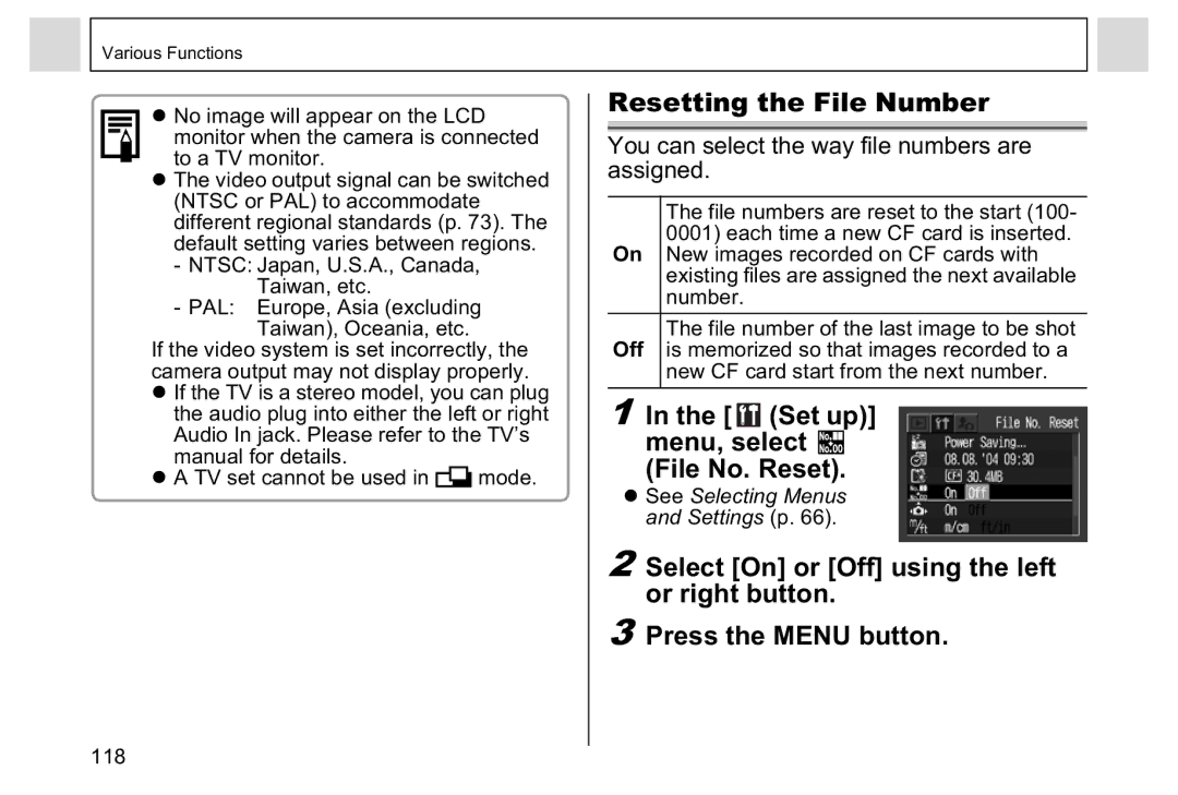 Canon A95 manual Resetting the File Number, Set up menu, select File No. Reset 