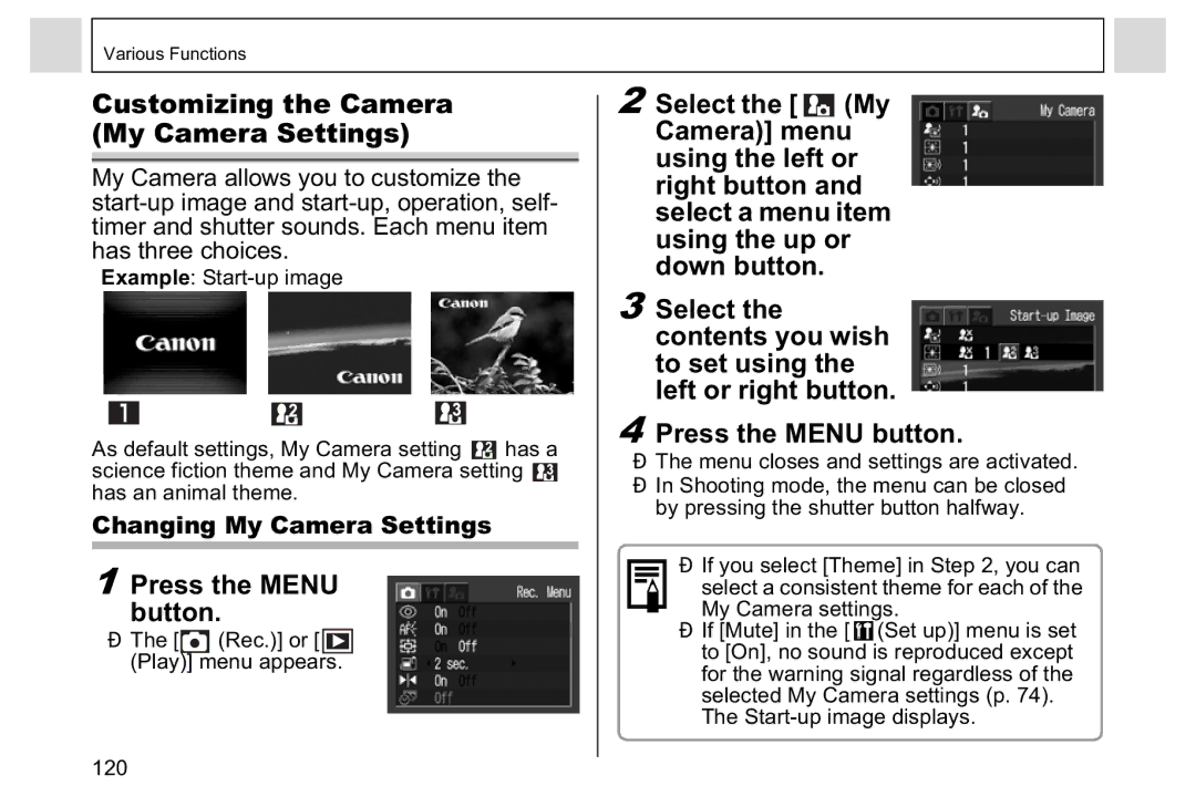 Canon A95 manual Customizing the Camera My Camera Settings, Changing My Camera Settings, Start-up image displays 120 