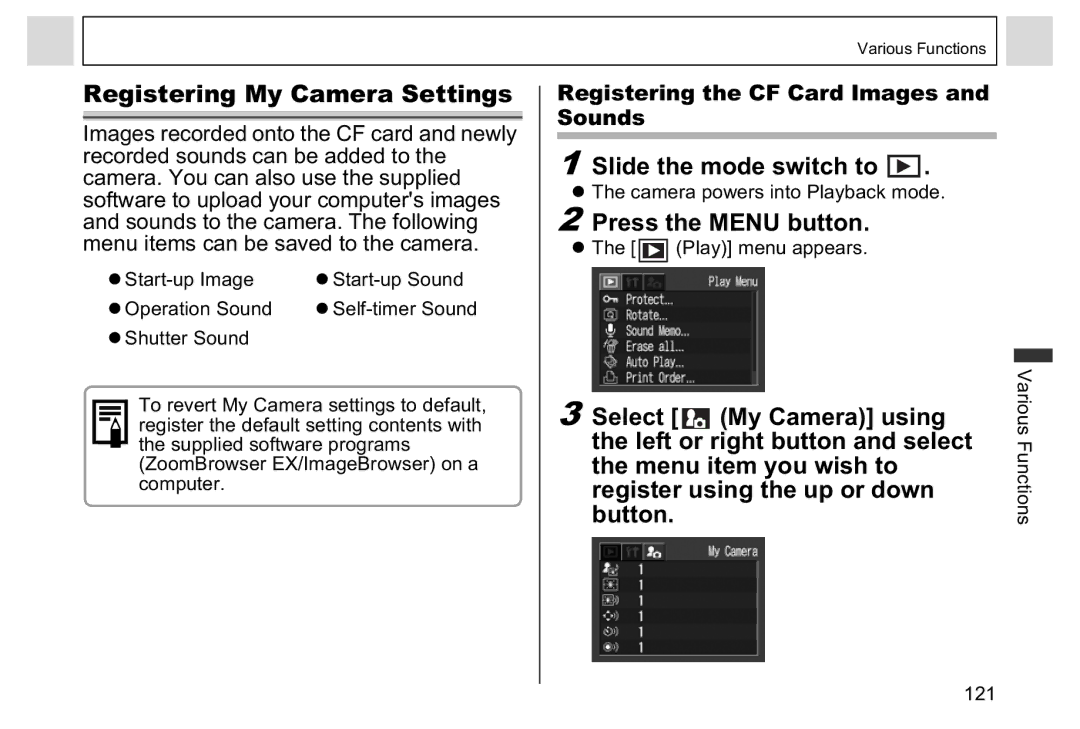 Canon A95 manual Registering My Camera Settings, Registering the CF Card Images and Sounds 