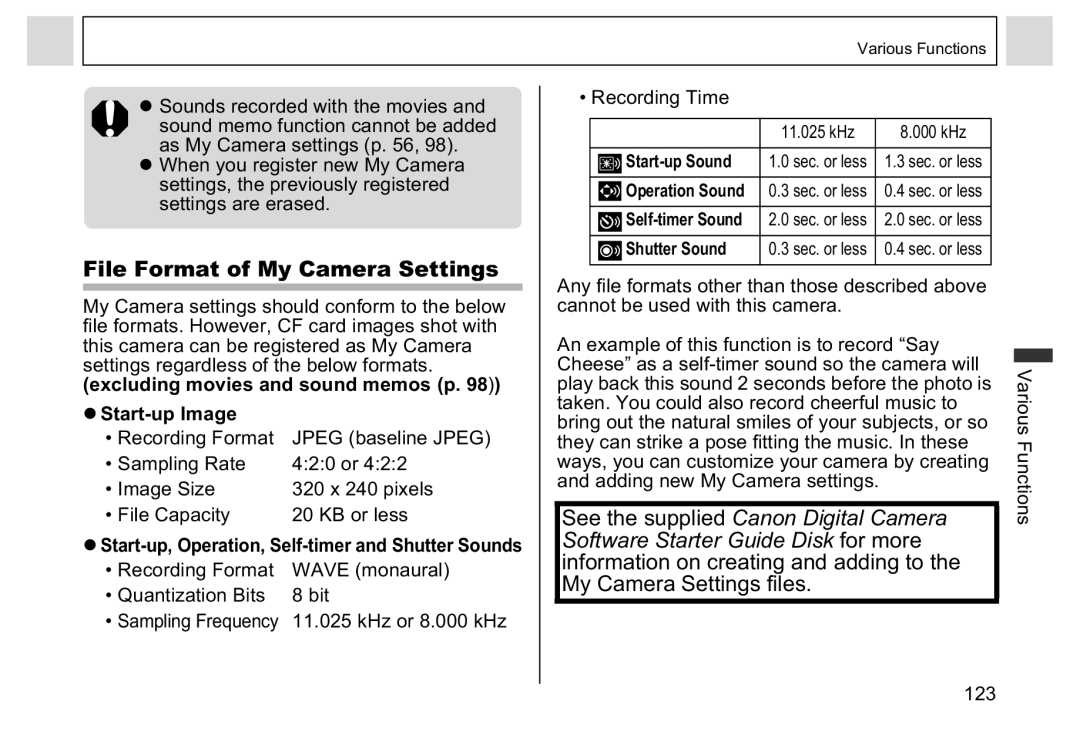 Canon A95 manual File Format of My Camera Settings, ZStart-up Image, Recording Format Wave monaural Quantization Bits 