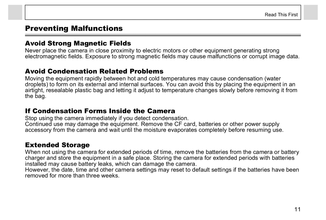 Canon A95 Preventing Malfunctions, Avoid Strong Magnetic Fields, Avoid Condensation Related Problems, Extended Storage 