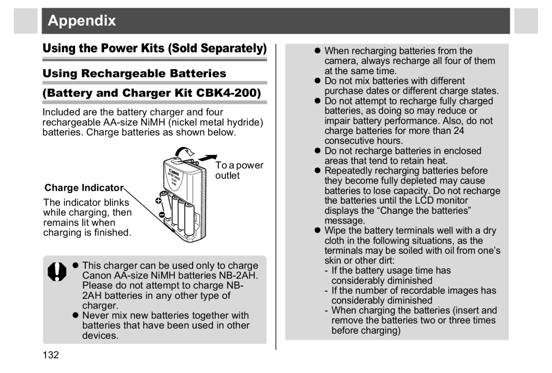 Canon A95 manual Appendix, Using the Power Kits Sold Separately, Charge Indicator 