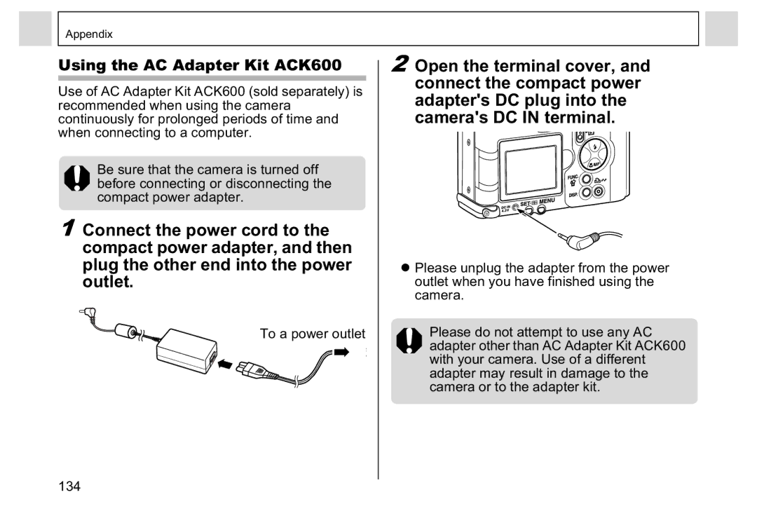 Canon A95 manual Using the AC Adapter Kit ACK600 