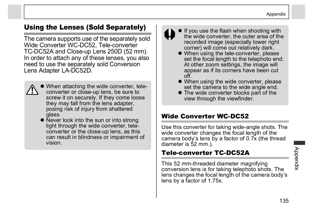 Canon A95 manual Using the Lenses Sold Separately, Wide Converter WC-DC52, Tele-converter TC-DC52A 