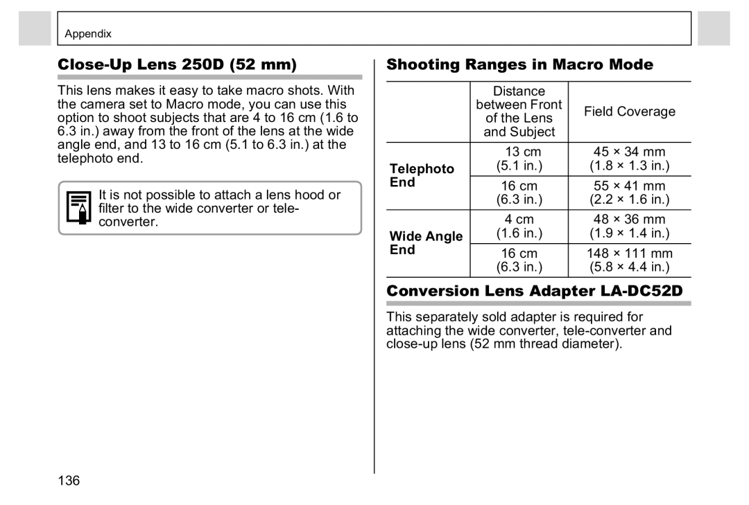 Canon A95 manual Close-Up Lens 250D 52 mm, Shooting Ranges in Macro Mode, Conversion Lens Adapter LA-DC52D, End 