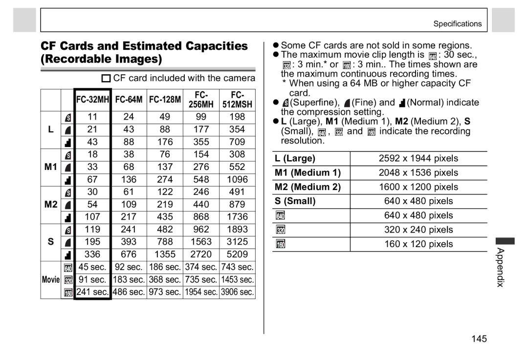 Canon A95 manual CF Cards and Estimated Capacities Recordable Images, M1 Medium, M2 Medium 