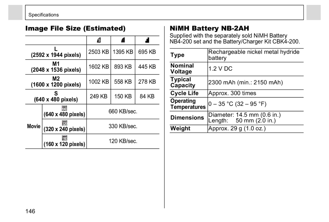 Canon A95 manual Image File Size Estimated, NiMH Battery NB-2AH 