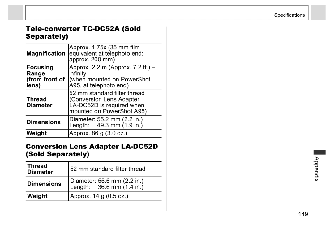 Canon A95 manual Tele-converter TC-DC52A Sold Separately, Conversion Lens Adapter LA-DC52D Sold Separately 