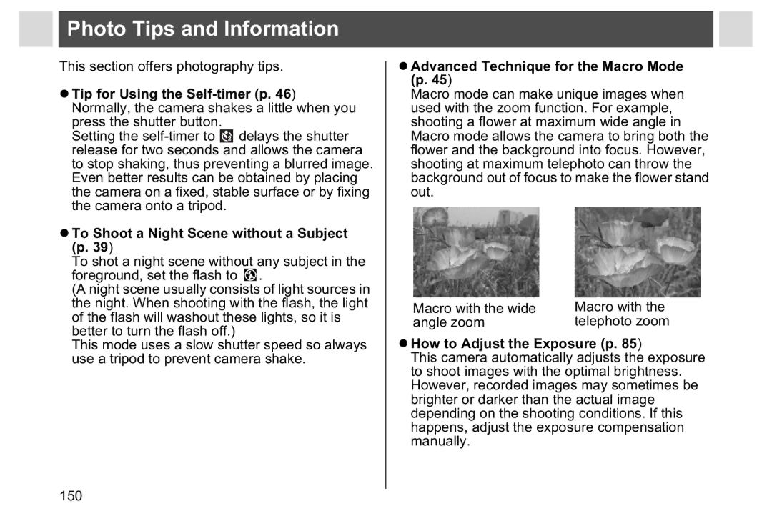 Canon A95 manual Photo Tips and Information, ZTip for Using the Self-timer p, ZTo Shoot a Night Scene without a Subject p 