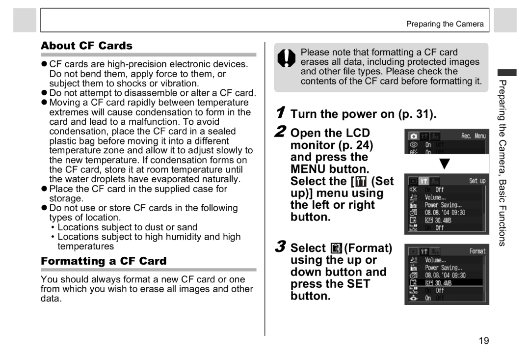 Canon A95 manual About CF Cards, Formatting a CF Card 