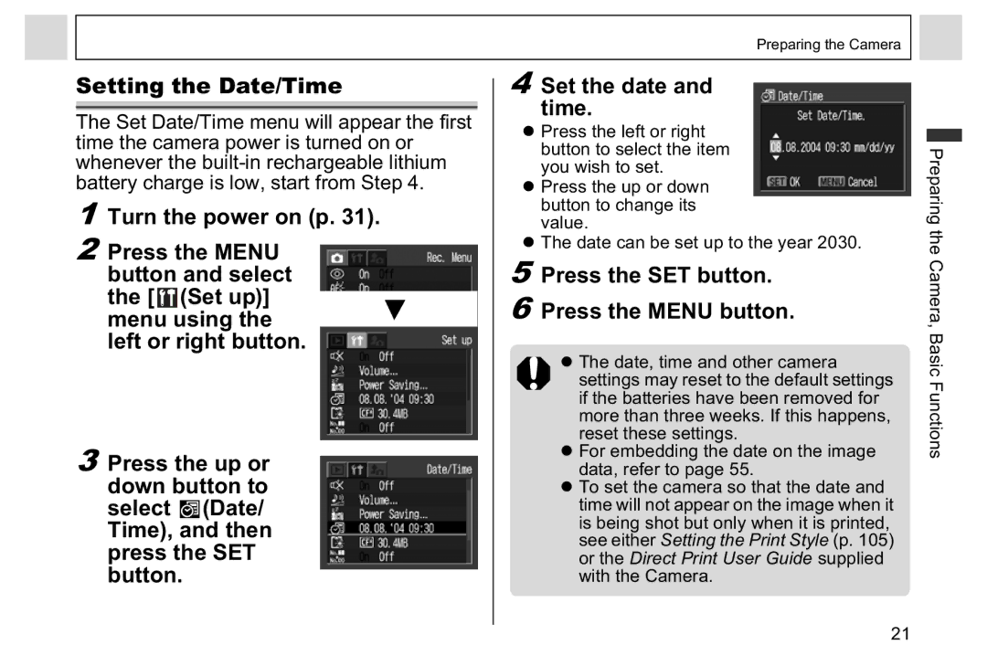 Canon A95 manual Setting the Date/Time, Press the SET button Press the Menu button 