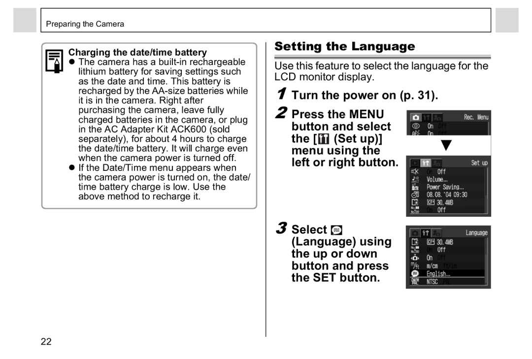 Canon A95 manual Setting the Language, Charging the date/time battery 