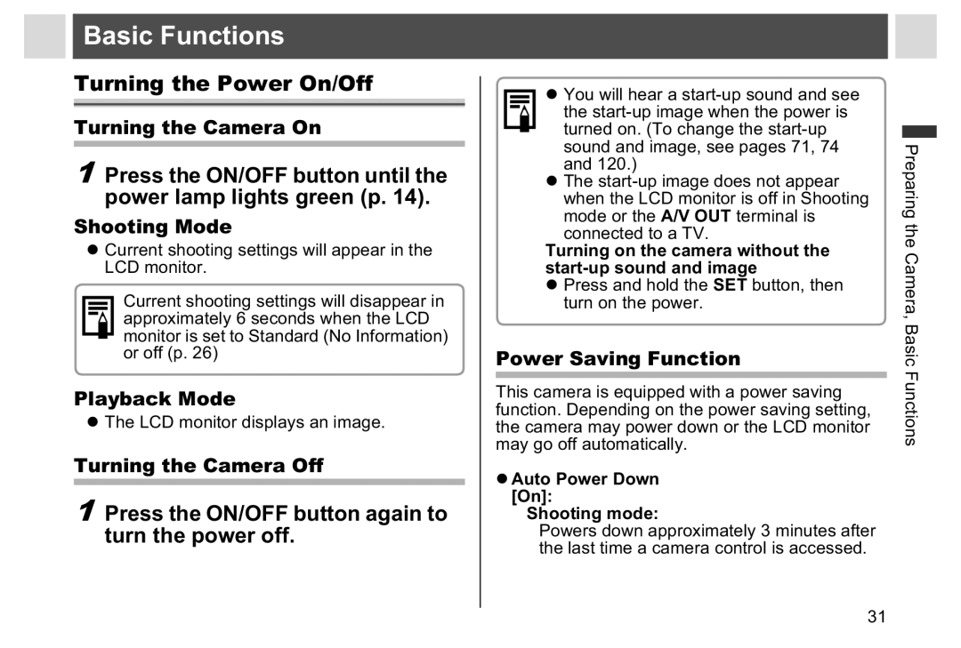 Canon A95 manual Basic Functions, Turning the Power On/Off, Press the ON/OFF button until the power lamp lights green p 