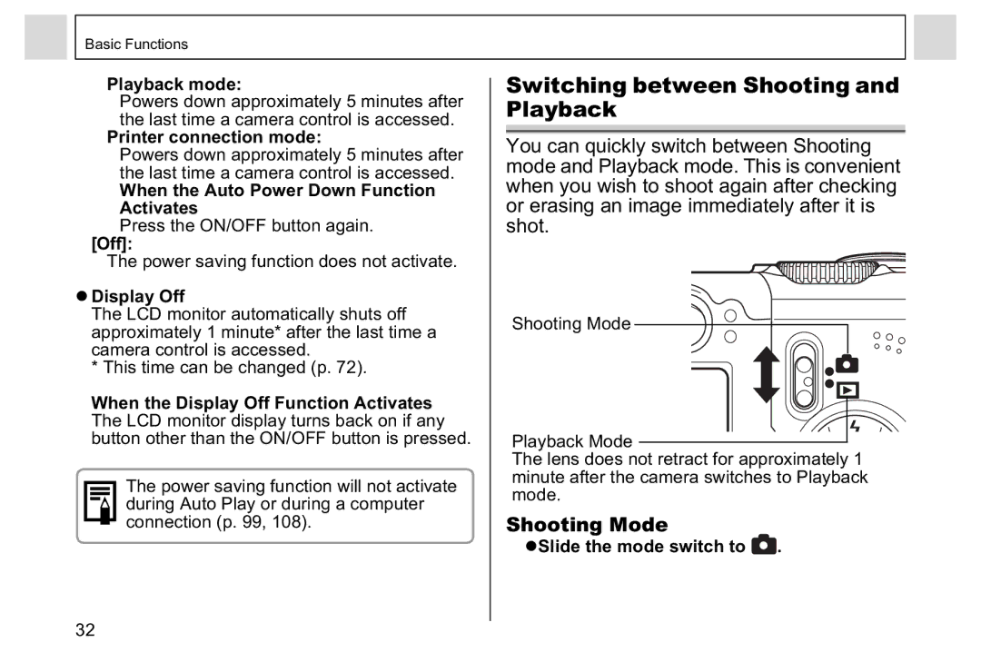 Canon A95 manual Switching between Shooting and Playback 