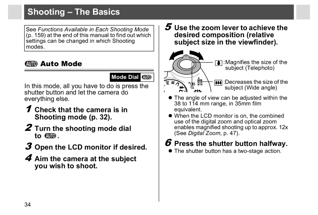 Canon A95 manual Shooting The Basics, Auto Mode, Press the shutter button halfway, Shutter button has a two-stage action 