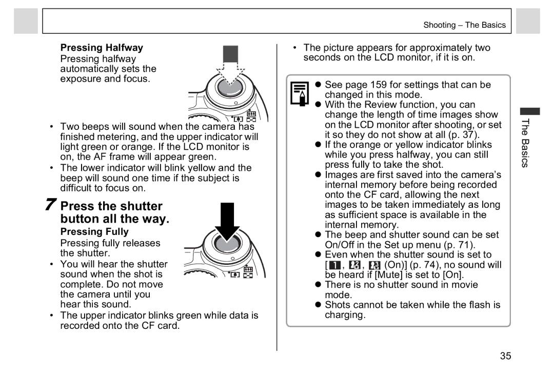 Canon A95 manual Press the shutter Button all the way, Pressing Halfway, Pressing Fully 