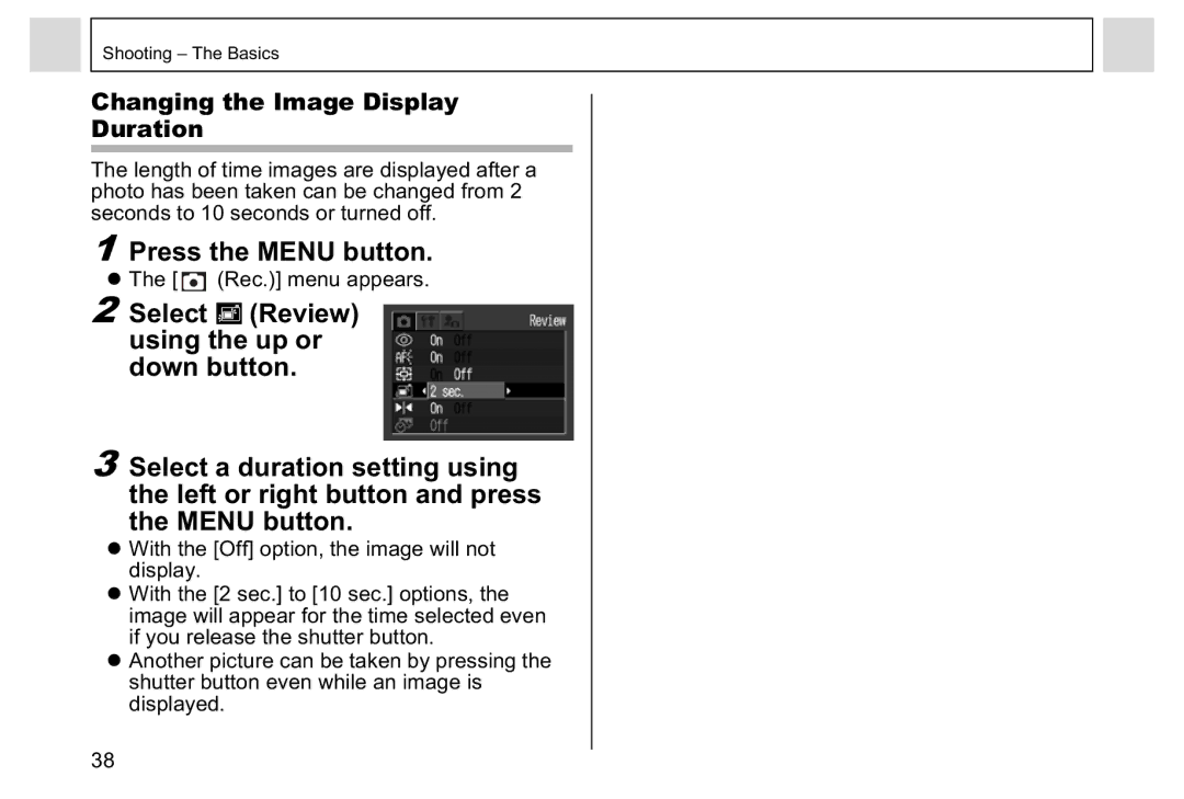 Canon A95 manual Changing the Image Display Duration, Rec. menu appears 