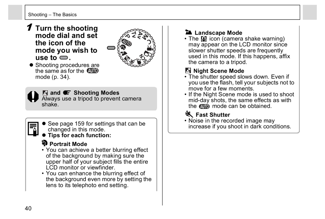 Canon A95 manual Shooting Modes Always use a tripod to prevent camera shake, Tips for each function, Portrait Mode 