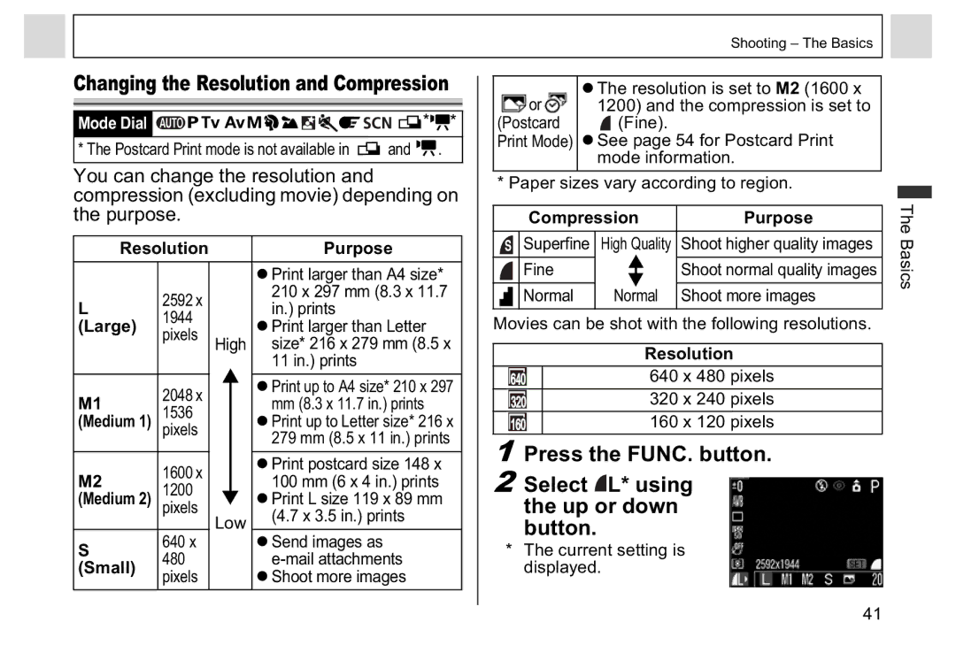 Canon A95 manual Changing the Resolution and Compression, Large, Small, Compression Purpose 