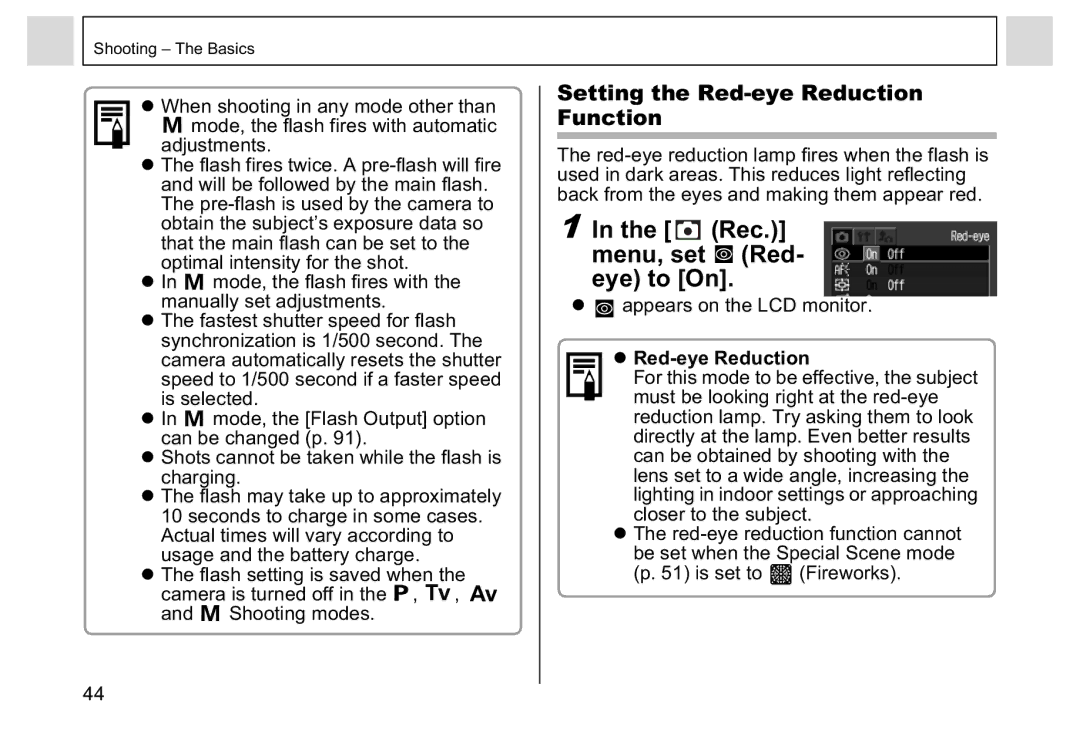 Canon A95 Rec. menu, set Red- eye to On, Setting the Red-eye Reduction Function, Adjustments, Appears on the LCD monitor 