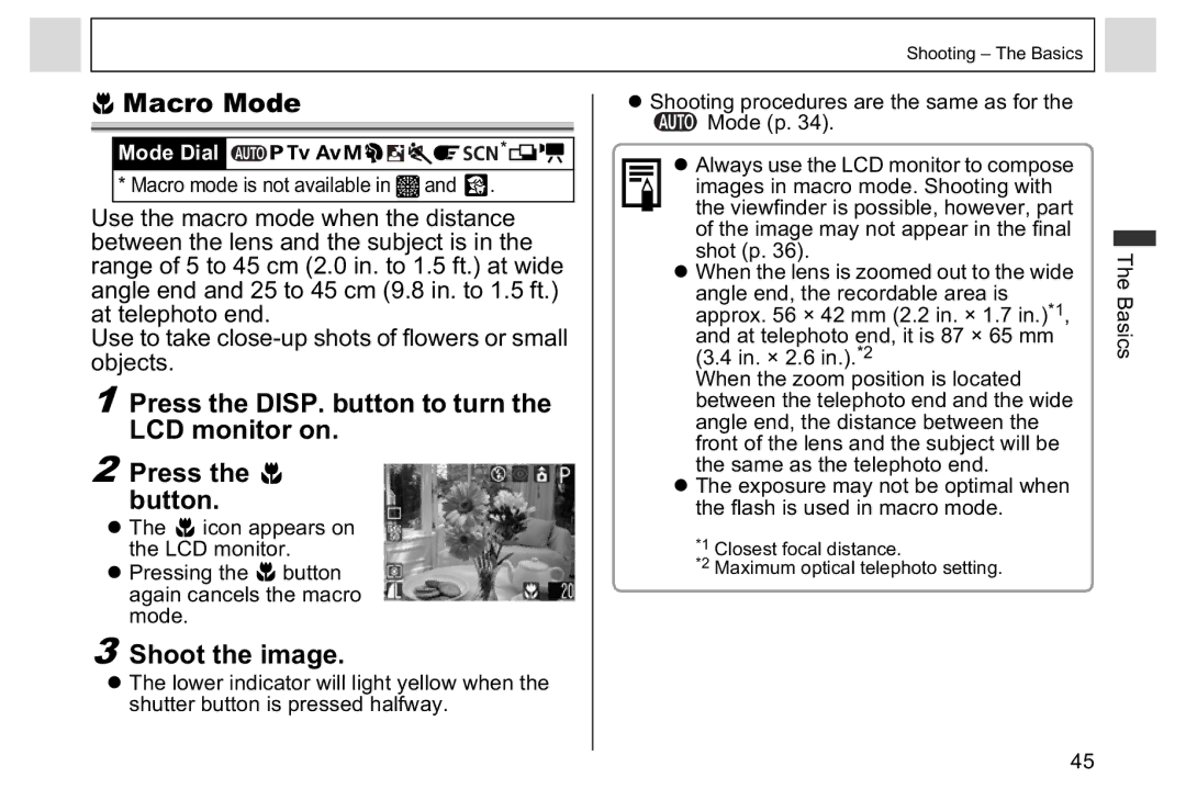 Canon A95 manual Macro Mode, Press the DISP. button to turn the LCD monitor on Button, Macro mode is not available 