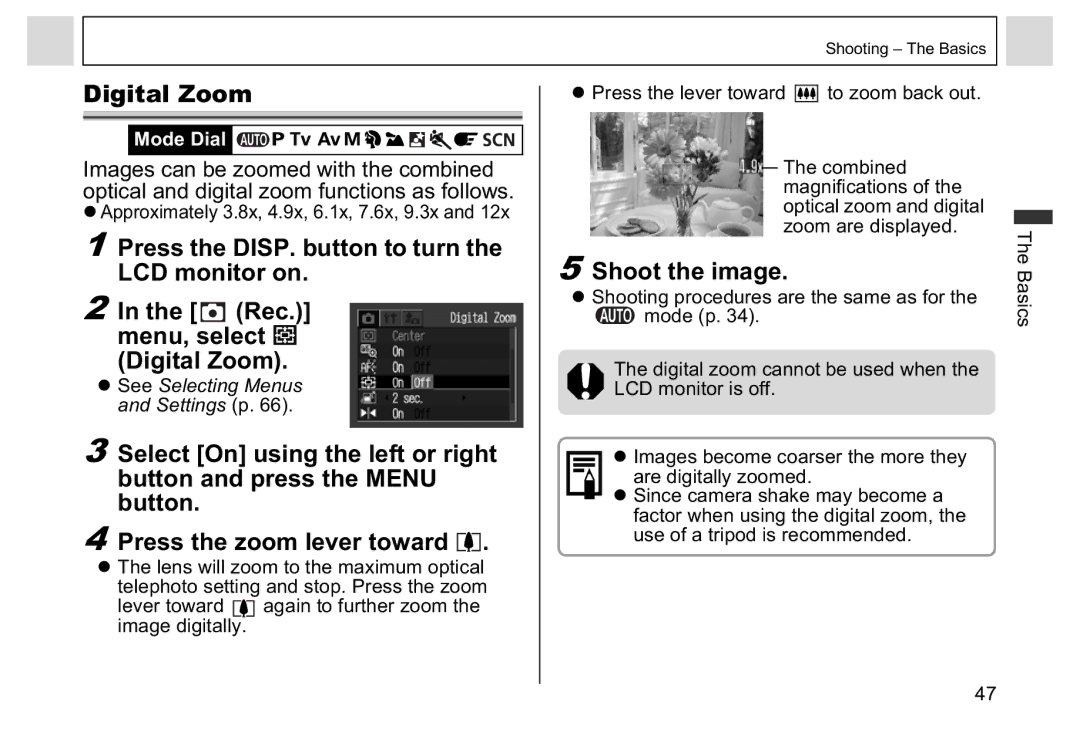 Canon A95 manual Digital Zoom 